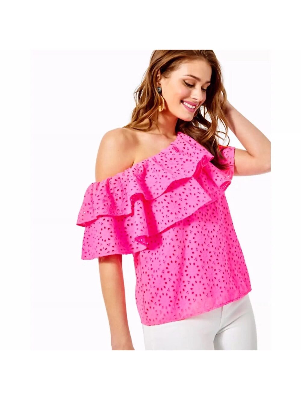 Lilly Pulitzer Trixie Eyelet Ruffle Top Bright Pink Berry L